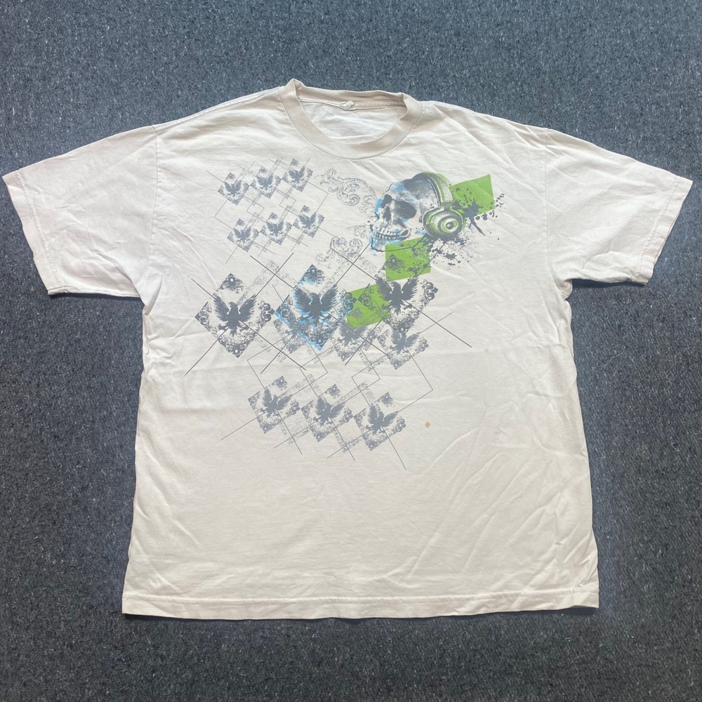 Skull Headphones Graphic TShirt Sz XL Mens Cream Grunge Skater Streetwear